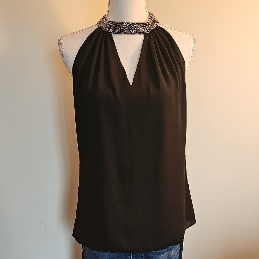 White House Black Market Beaded Black Halter Blouse